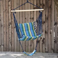 Outsunny Outdoor Hammock Hanging Rope Garden Yard Patio Swing Chair Seat Woodenwith Footrest Cotton Cloth Blue Stripe(m-7)