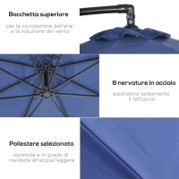 Outsunny Ombrellone Decentrato a 8 Stecche con Base a Croce, in Acciaio e Poliestere, Ø295x260 cm, Blu Scuro(m-5)