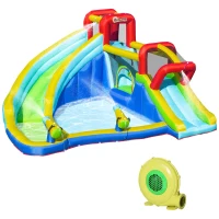 Outsunny Kids Bouncy Castle Water Slide 5 in 1 Inflatable Bounce House Jumping Castle Water Pool Gun Climbing Wall with Air Blower for Kids Age 3-8, 3.85 x 3.65 x 2m(m-1)