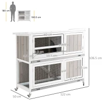 PawHut Wooden Pet Hutch, Two-Tier Cage with Rain Cover, Wheels, White(m-3)