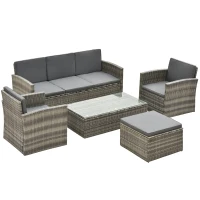 Outsunny Rattan Garden Furniture Outdoor Patio 5 Piece Wicker Weave Sofa Set with Storage,  Cushioned, 3-Seater Sofa + 2 Single Chairs + Foot Stool + Coffee Table(m-1)