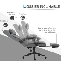 Vinsetto Fauteuil de bureau chaise de travail dossier hauteur réglable pivotant 360° repose-pied appui-tête lin rembourrage mousse 66l x 76P x 112-120H cm gris clair noir(m-4)