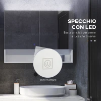 HOMCOM Armadietto con Specchio a Muro, Luci a LED, Ripiano Aperto e Ripiano Interno, 80x15x60cm(m-5)