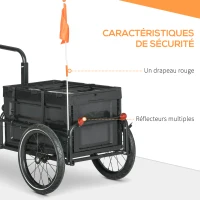 HOMCOM Remorque à vélo avec coffre de rangement amovible et pliable de 65L, réflecteurs de sécurité, charge max. 40KG, noir(m-6)