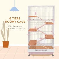 PawHut Six-Tier Small Animal Cage, for Bunnies, Ferrets, Chinchillas w/ Wheels, Tray - Pink(m-4)