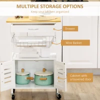 HOMCOM Rolling Kitchen Island Trolley Utility Cart on Wheels with Bamboo Table Top, Storage Cabinet, Drawer and Wire Basket(m-4)