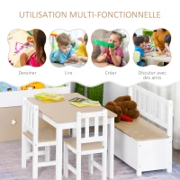 HOMCOM Ensemble de table et chaises enfant - set de 4 pièces - table, 2 chaises, banc coffre 2 en 1 - MDF pin blanc bois clair(m-4)