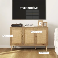 HOMCOM Buffet salon meuble de rangement avec placards à portes en rotin et étagère réglable, bois naturel(m-5)