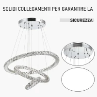 HOMCOM Lampadario a Sospensione con 3 Anelli Regolabili, Luci a LED e Cristalli, Ø60 x 110cm(m-4)
