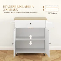 HOMCOM Desserte de cuisine sur roulettes, Îlot central cuisine - tiroir, étagère réglable, support à épices et porte-serviette(m-6)