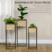 Outsunny Lot de 3 cache-pots carrés pour plantes fleurs sur pied en métal et bois - 3 hauteurs différentes naturel et noir(m-4)