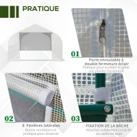 Outsunny Serre Tunnel de Jardin 18 m² dim. 5,95L x 3l x 2H m Porte + 8 fenêtres enroulables Acier galvanisé bâche PE Haute densité Blanc(m-6)
