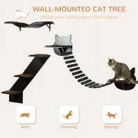 PawHut Three-Piece Wall-Mounted Cat Shelves w/ Jumping Platforms, Ladders - Brown(m-4)