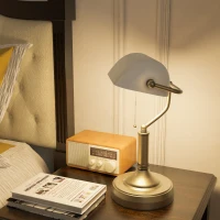 HOMCOM Banker's Desk Lamp with Antique Bronze Tone Base, Table Lamp with White Glass Shade for Home Office, White(m-7)