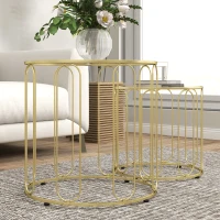 HOMCOM Lot de 2 tables basses gigognes rondes modernes avec cadre en métal et plateau en verre trempé, ton doré(m-8)