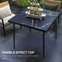 Outsunny Square Garden Table, Outdoor Dining Table for 4 with Marble Effect Tempered Glass Top and Steel Frame for Patio, Black(m-4)