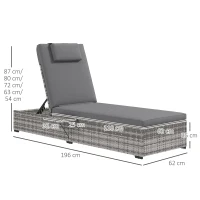 Outsunny Outdoor Patio PE Rattan Lounger with Cushion, 5-Level Reclining Wicker Rattan Sun Lounger with Tea Tray, for Poolside, Patio, Deck, 120kg Weight Capacity, Grey(m-3)