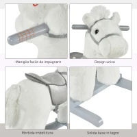 HOMCOM Cavallo a Dondolo per Bambini in Peluche e Legno con Suoni e Orsetto Incluso, per Bimbi da 18-36 Mesi, 65x26x55cm, Bianco(m-6)