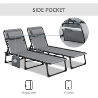 Outsunny Portable Sun Lounger Set of 2, Folding Camping Bed Cot, Reclining Lounge Chair 5-position Adjustable Backrest with Side Pocket, Pillow for Patio Garden Beach Pool, Grey(m-7)