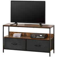 HOMCOM Meuble TV Bas sur Pieds Style Industriel 2 tiroirs en Tissu Gris MDF Marron Rustique et métal Noir(m-10)