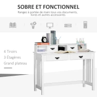 HOMCOM Bureau secrétaire Style néo-rétro dim. 116L x 47l x 93H cm 4 tiroirs poignées baroques + 3 niches MDF Blanc(m-5)