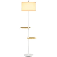 HOMCOM Lampadaire sur pied salon abat-jour en tissu 2 étagères rondes en bois interrupteur au pied culot E27 163 cm blanc(m-1)