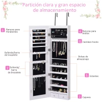 HOMCOM Espejo Joyero Colgante de Pared o Puerta con LED 5 Estantes 2 Cajones Pequeños Espejo Armario Montado con Cerradura 37x120x10cm(m-4)