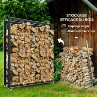 Outsunny Range-bûches porte-bûches avec 4 roues pour intérieur extérieur charge max. 150 kg 120l x 32P x 151H cm métal noir(m-4)