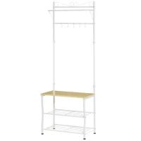 HOMCOM Stand Appendiabiti Attaccapanni per Ingresso Scarpiera a 2 Ripiani 5 Ganci Metallo 60 × 35 × 175cm Bianco e Color Legno(m-10)