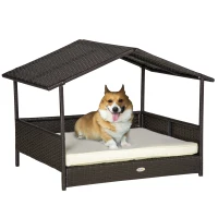 PawHut Wicker Dog Bed, Elevated Rattan Dog House with Removable Cushion and Canopy, for Small and Medium Dogs, 98 x 69 x 70cm - Cream(m-1)