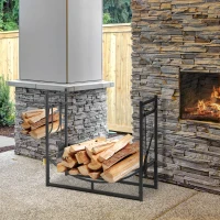 Outsunny Metal Firewood Log Holder Indoor Outdoor Firewood Rack Fireplace 2 Tier Wood Storage Shelf with 4 Tools, Hooks, Scrolls, Black, 84W x 33D x 76H cm(m-10)