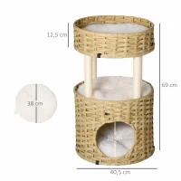 PawHut Árbol Rascador para Gatos de Ratán Torre de Gatos Mediano con Cueva 2 Camas Postes de Sisal Natural y Cojines Lavables de Felpa Suave Ø40,5x69 cm Natural(m-3)