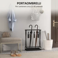 HOMCOM Portaombrelli con Vaschetta per l'Acqua, 21 Fori e 24 Ganci per Ombrello, in Acciaio, 50x24x68 cm, Nero(m-4)