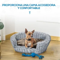 PawHut Cama para Perros de Mimbre Cesta de Mimbre para Gatos Perros Mascotas con Cojín Lavable 57x46x17,5 cm Gris(m-7)
