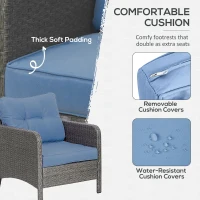 Outsunny 5 Pieces PE Rattan Garden Furniture Set, Wicker Outdoor Sofa Set w/ 2 Armchairs 2 Stools Glass Top Table Cushions, Blue(m-5)