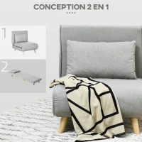 HOMCOM Fauteuil convertible 2 en 1 chauffeuse lit 1 place Dossier Réglable pieds en Bois et coussin(m-6)