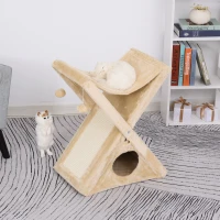 PawHut Two Tier Cat Tree for Indoor Cats Play Rest Activity Tower Plush Folding Relax Center w/ Scratching Post Hammock Pom Poms Yellow(m-10)