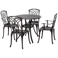 Outsunny 5 Pieces Garden Dining Set for 4, Cast Aluminium Outdoor Dining Set with 4 Armchairs and Round Dining Table with Parasol Hole, Garden Furniture Set, Brown(m-11)