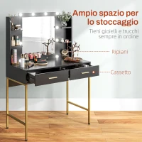 HOMCOM Tavolo da Trucco con 2 Cassetti, 6 Ripiani, Specchio e Sgabello, in Legno e Acciaio, 90x45x132.5 cm, Nero(m-5)