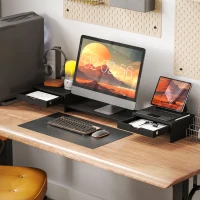 HOMCOM Dual Monitor Stand Riser with 2 Drawers, Adjustable Length and Angle, 116cm Monitor Riser for Laptop, Computer, PC, Small Printer, Black(m-2)