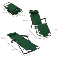 Outsunny 2 Pack 2 in 1 Sun Lounger Folding Reclining Chairs Garden Outdoor Camping Adjustable Back with Pillow, Green(m-3)
