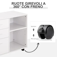 HOMCOM Mobile Porta Stampante con 3 Cassetti in Legno, Mobile Ufficio Multiuso con 4 Ruote e Ripiani Aperti, 80x40x65cm, Bianco(m-6)