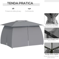Outsunny Gazebo da Giardino 4x3m con Doppio Tettuccio, Pareti in Poliestere e Struttura in Acciaio, Grigio(m-5)