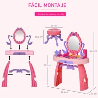 HOMCOM Tocador de Juguete para Niños +3 Años con  29 Piezas Taburete Función de Música Luces Centro de Belleza Infantil 49,5x23,5x69,5 cm Rosa(m-4)