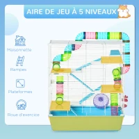 PawHut Grande cage pour hamsters cage pour rongeur 5 niveaux avec tunnels abreuvoir roue maisonnette échelles dim. 59L x 36l x 69H cm(m-6)