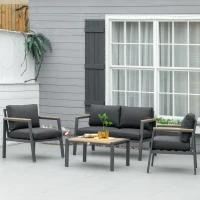 Outsunny 4 Piece Garden Sofa Set with Padded Cushions, 4-Seater Aluminium Outdoor Conversation Furniture Set with Coffee Table, Grey(m-2)