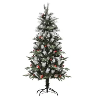 HOMCOM 5FT Artificial Snow Dipped Christmas Tree Xmas Pencil Tree Holiday Home Party Decoration with Foldable Feet Red Berries White Pinecones, Green(m-1)