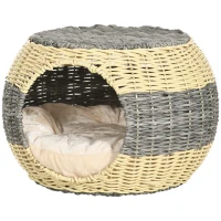 PawHut Wicker Cat House, Rattan Raised Cat Bed, Cosy Kitten Cave with Soft Washable Cushion, Φ40 x 30cm(m-11)