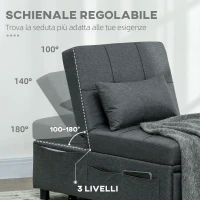 HOMCOM Poltrona Letto Singolo 3 in 1 Reclinabile a 3 Livelli con Cuscino, in Tessuto Effetto Lino, 65.5x104x81 cm, Grigio(m-5)