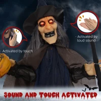 HOMCOM 6'2" Witch with Broomstick Halloween Animatronic, with Glowing Eyes(m-6)